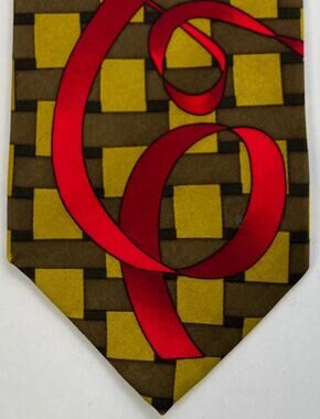 Bob Mackie Wearable Art Silk Tie Abstract Geometric Red Ribbon Necktie